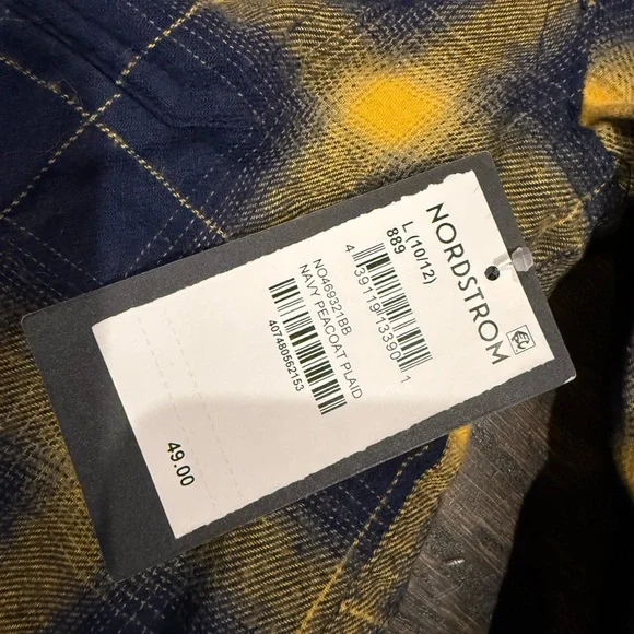 NWT Nordstrom Boy’s Sz Med 10/12 Navy and Yellow Plaid Flannel Shirt/ Jacket - Picture 2 of 4